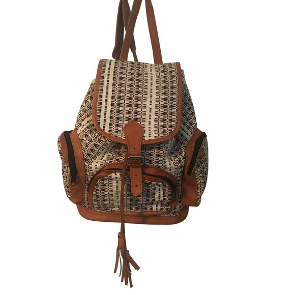 Natural 1990s Leather & Tribal BoHo Design Backpack Vintage Large - Picture 1 of 9